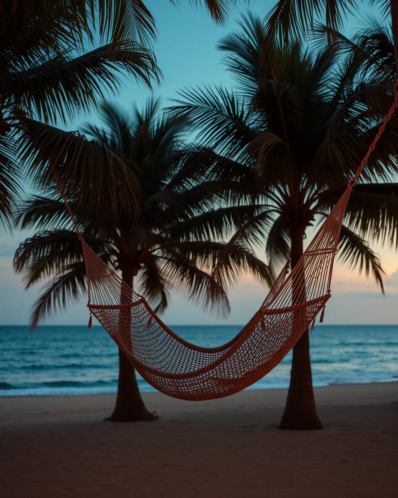 Empty hammocks beneath palm trees at dusk